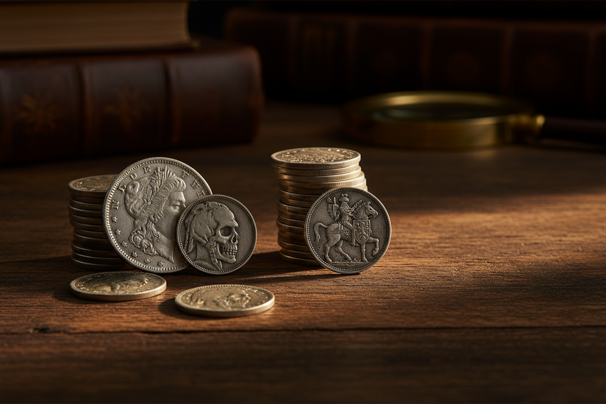 Curated collection of antique silver collectible coins including Morgan dollar Buffalo nickel and hobo nickel spread on dark wood