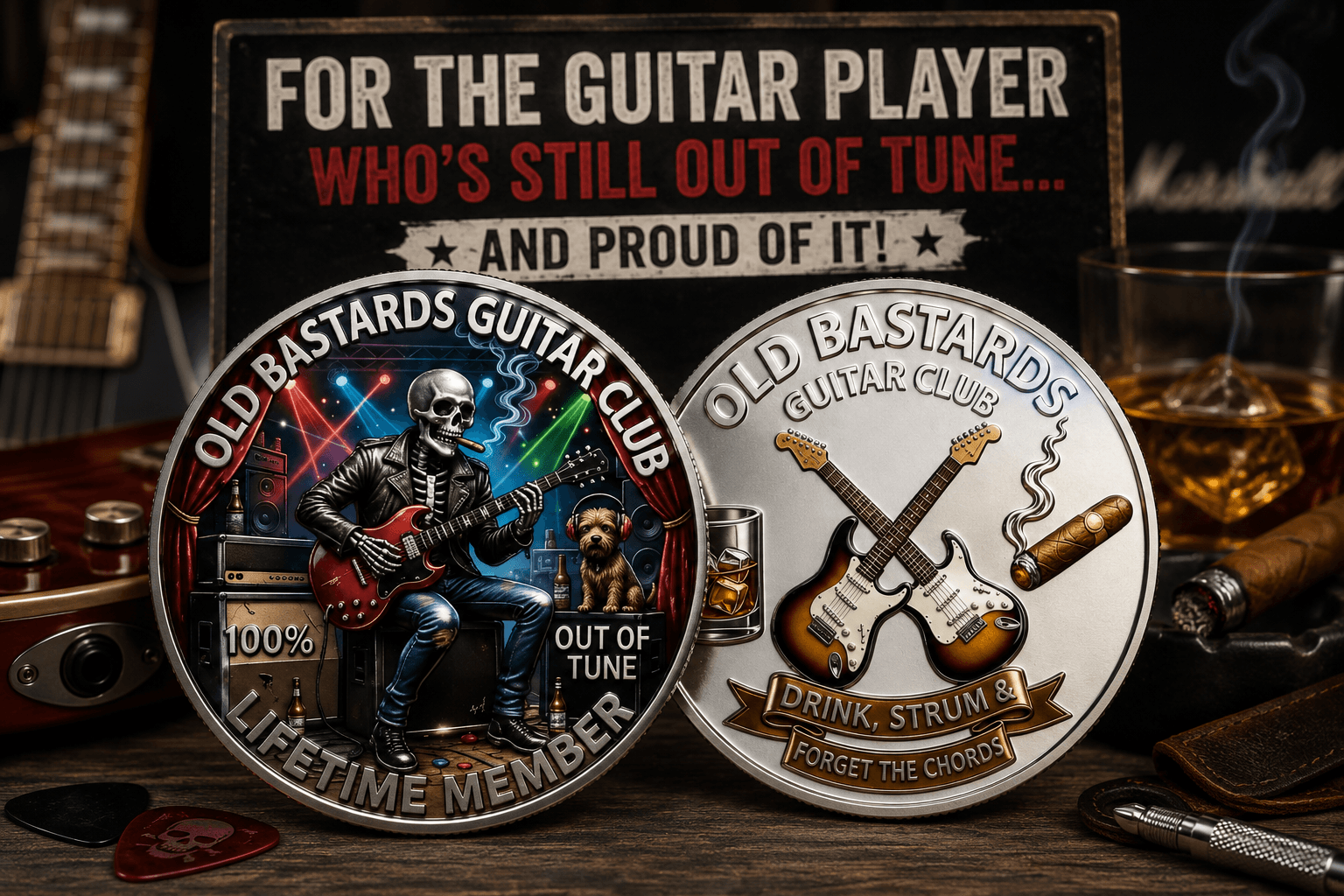 Front and reverse of the old bastards guitar club coin. Hero image for the blog Funny Coin Gifts for Guitar Players (That They'll Actually Keep)