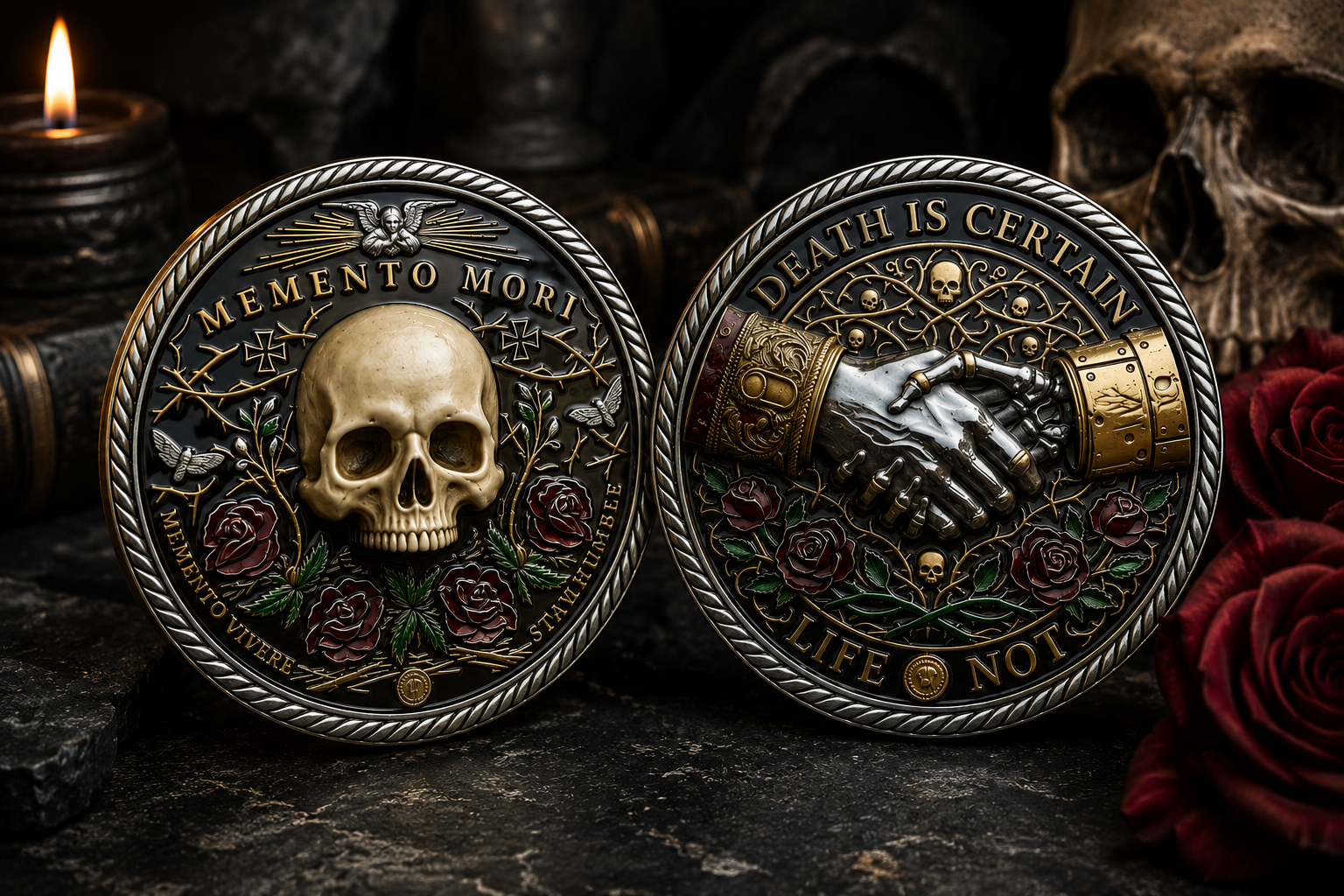 Front and reverse memento mori collectible coin surrounded by candles and roses 