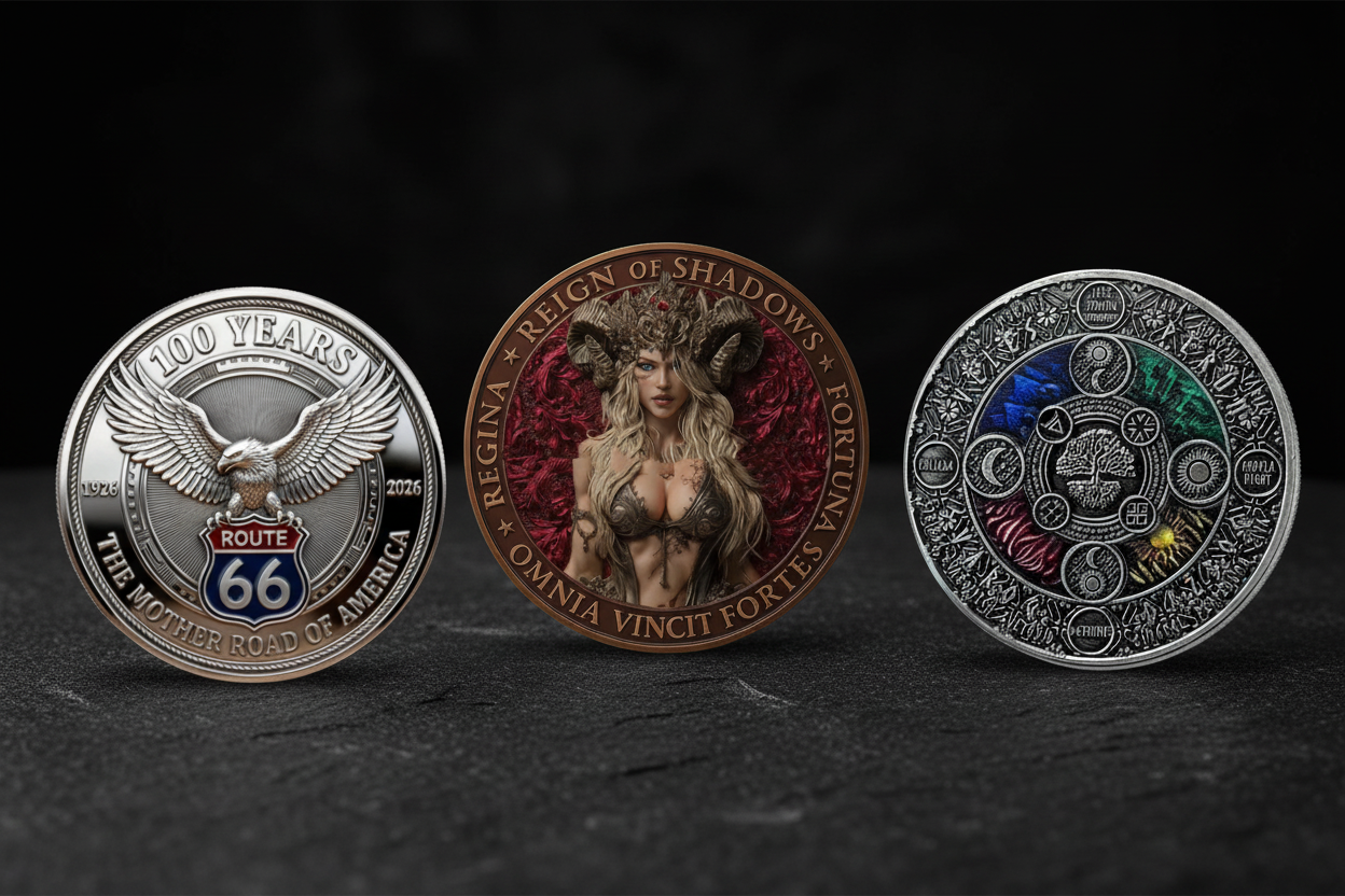 Three premium collectible coins — Route 66 centennial, Reign of Shadows dark queen, and Slavic mythology coin — affordable coins that look expensive available at One More Coin store