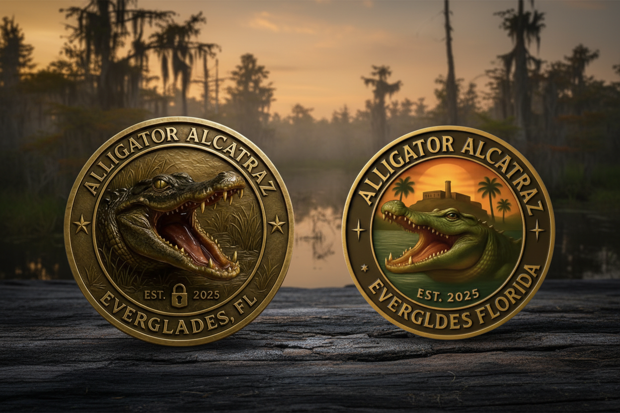 Alligator Alcatraz Everglades Bronze and Sunset collectible coins — Florida meme novelty coins available at One More Coin store
