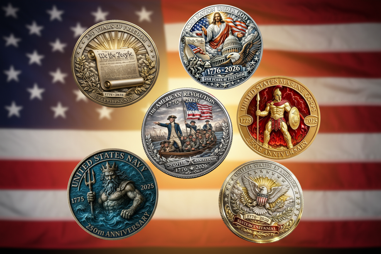 America 250th anniversary commemorative coin collection 1776 2026 six patriotic collectible coins displayed against American flag background available at One More Coin store