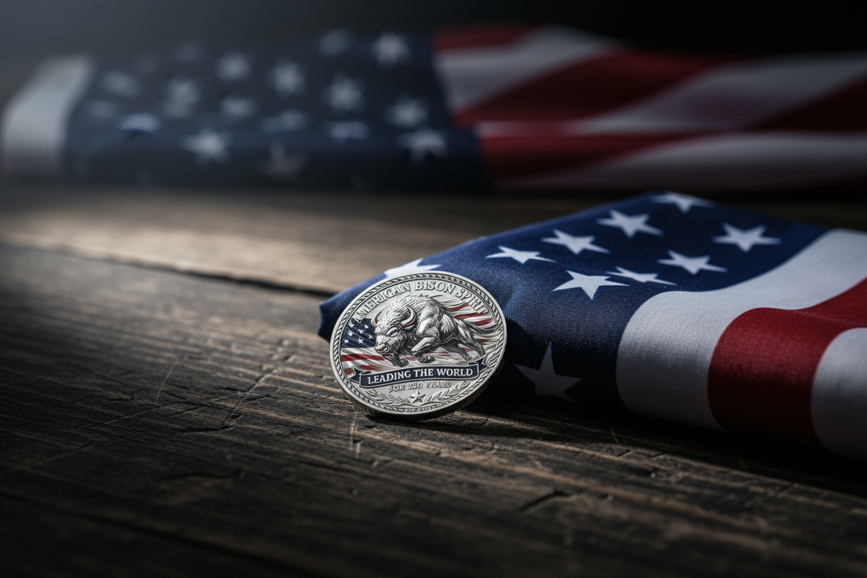 American Bison Spirit USA 250th Anniversary commemorative collectible coin token resting on dark wood beside an American flag — patriotic gift for collectors