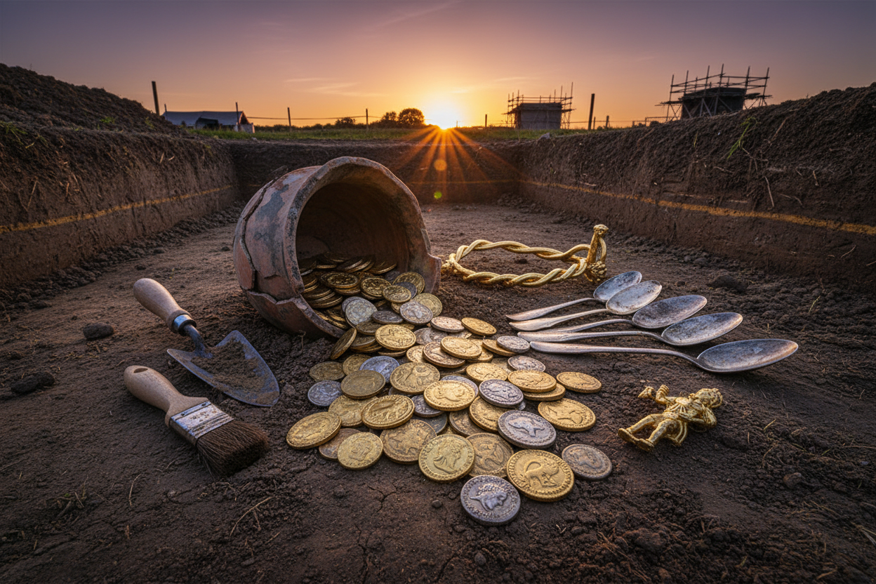 Ancient coin hoard archaeological discovery Roman coins gold torc silver objects unearthed mysterious objects buried alongside coins available at One More Coin store