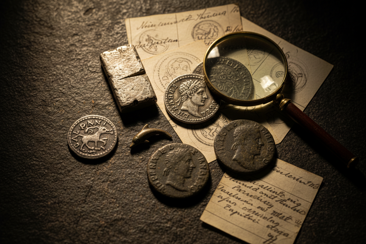 Mysterious ancient coins archaeological field notes magnifying glass Norse coin Bactrian Greek Roman bronze dolphin coin Viking silver ancient coins that shouldn't exist puzzle archaeologists