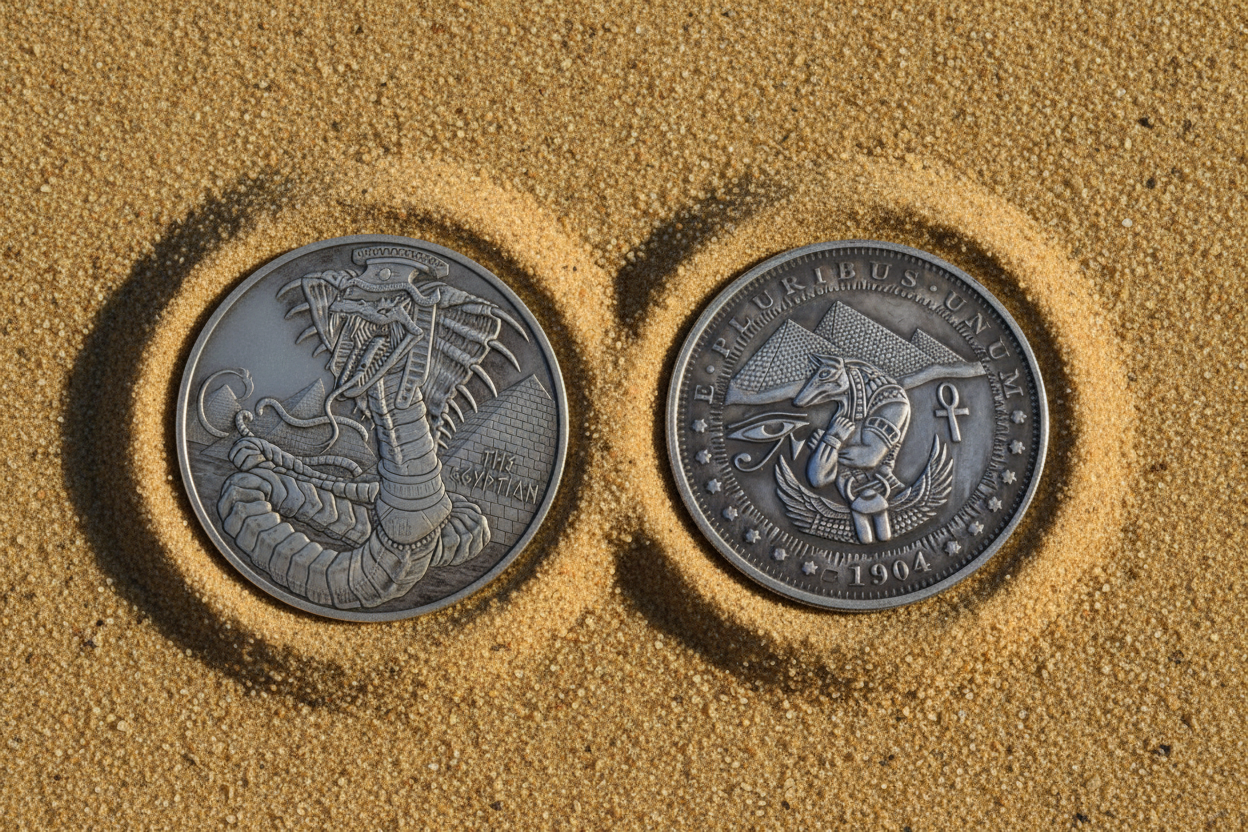 Ancient Egyptian collectible coins featuring pyramids hieroglyphs and gods on desert sand background