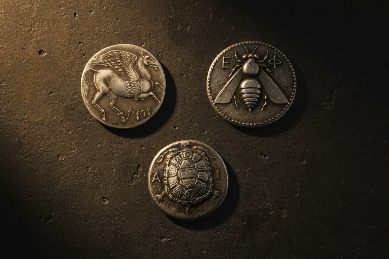 Three ancient Greek collectible coins on dark stone Pegasus winged horse coin Aegina turtle stater and Ephesus bee coin antique silver ancient Greek coinage collection