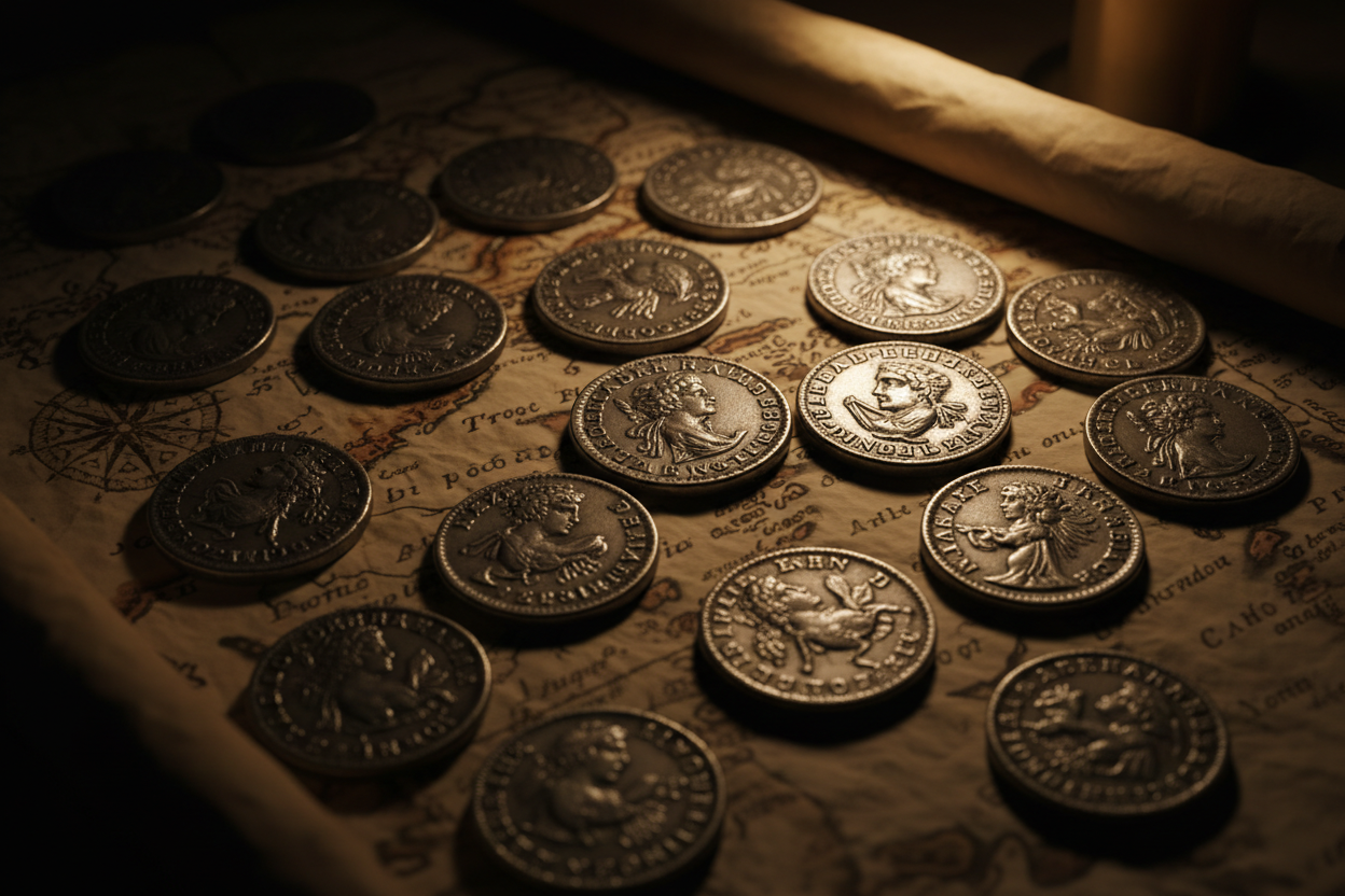 Ancient Greek coins scattered on aged Mediterranean map collectible historical coins numismatic display