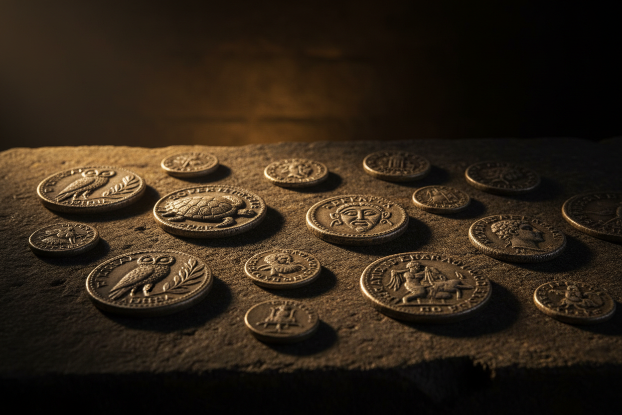 Ancient Greek silver coins including Athenian owl tetradrachm Aeginetan turtle Gorgon incuse and Rhodes rose coin on dark stone