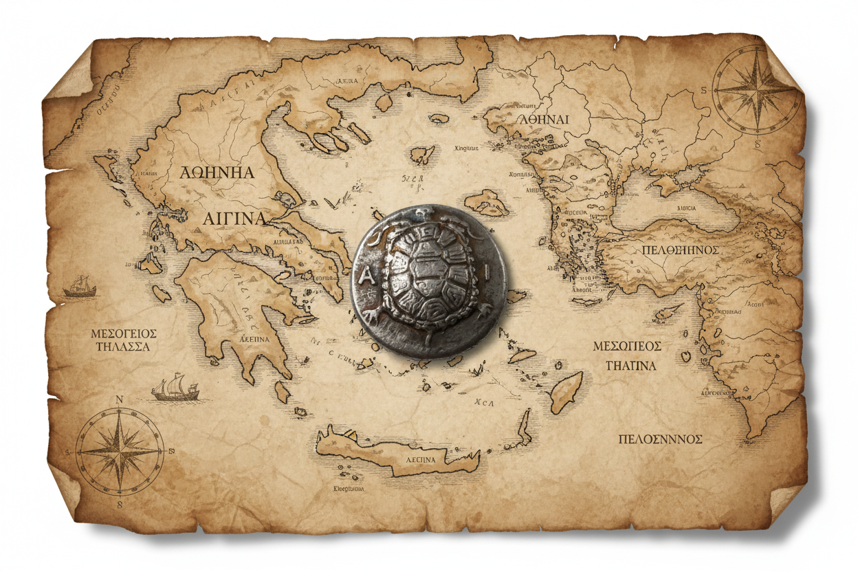 Ancient Greek Turtle Coin stater from Aegina displayed on a historical map of ancient Greece