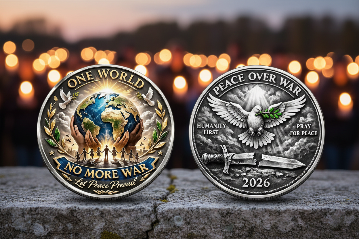 One World No More War coin and Peace Over War coin — anti-war collectible coins symbols of peace available at One More Coin store
