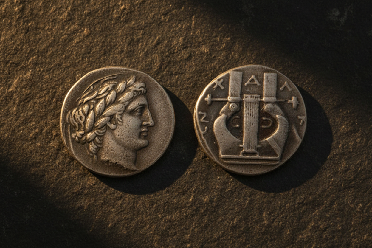 Ancient Greek Apollo Kithara lyre collectible coin both sides antique silver portrait and lyre design