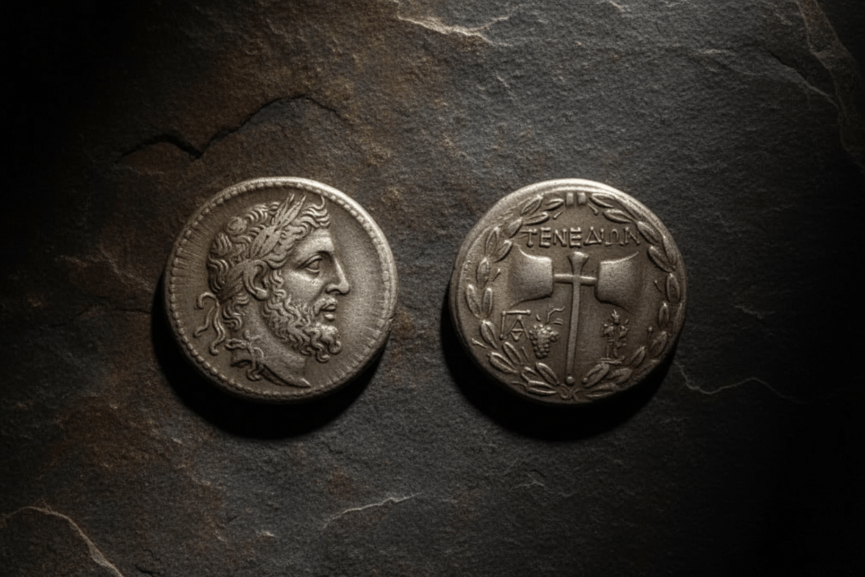 Ancient Greek Tenedos Apollo collectible coin both sides antique silver Apollo portrait and double axe labrys design