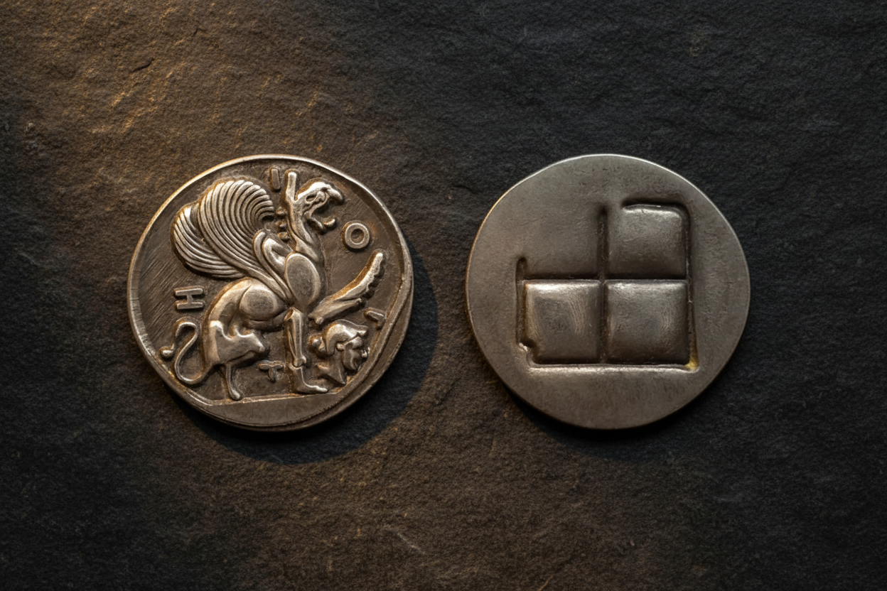 Ancient Greek archaic griffin stater collectible coin both sides antique silver griffin and incuse square design