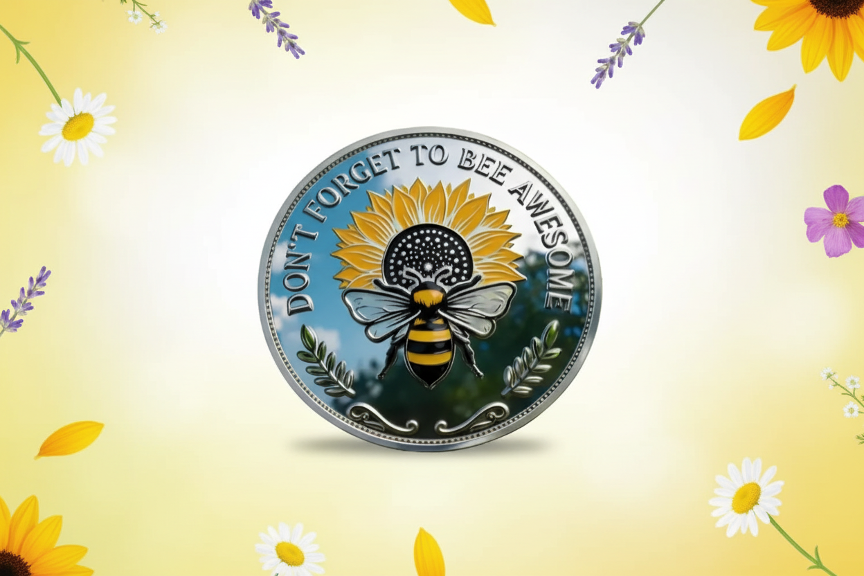 Bee Awesome positivity collectible coin with bumblebee and sunflower design — pick-me-up gift available at One More Coin store