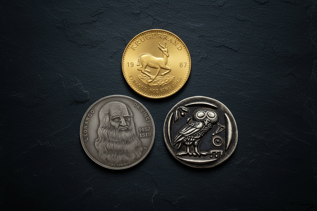 Three collectible coins for beginner collectors — Krugerrand, Leonardo da Vinci commemorative and Athenian owl tetradrachm available at One More Coin store
