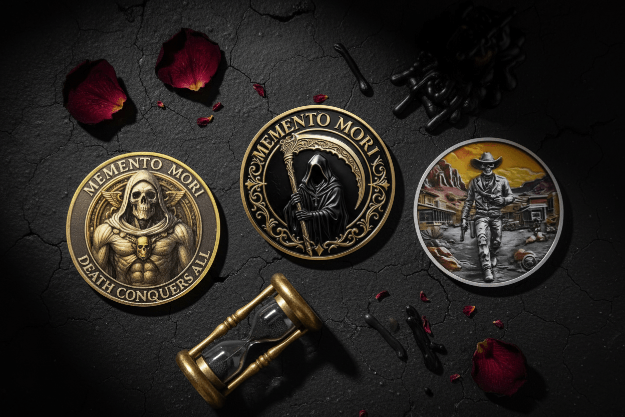 Gothic collectible coins gift guide flat lay with memento mori death conquers all grim reaper and Wild West dead and buried coins on dark cracked stone surface