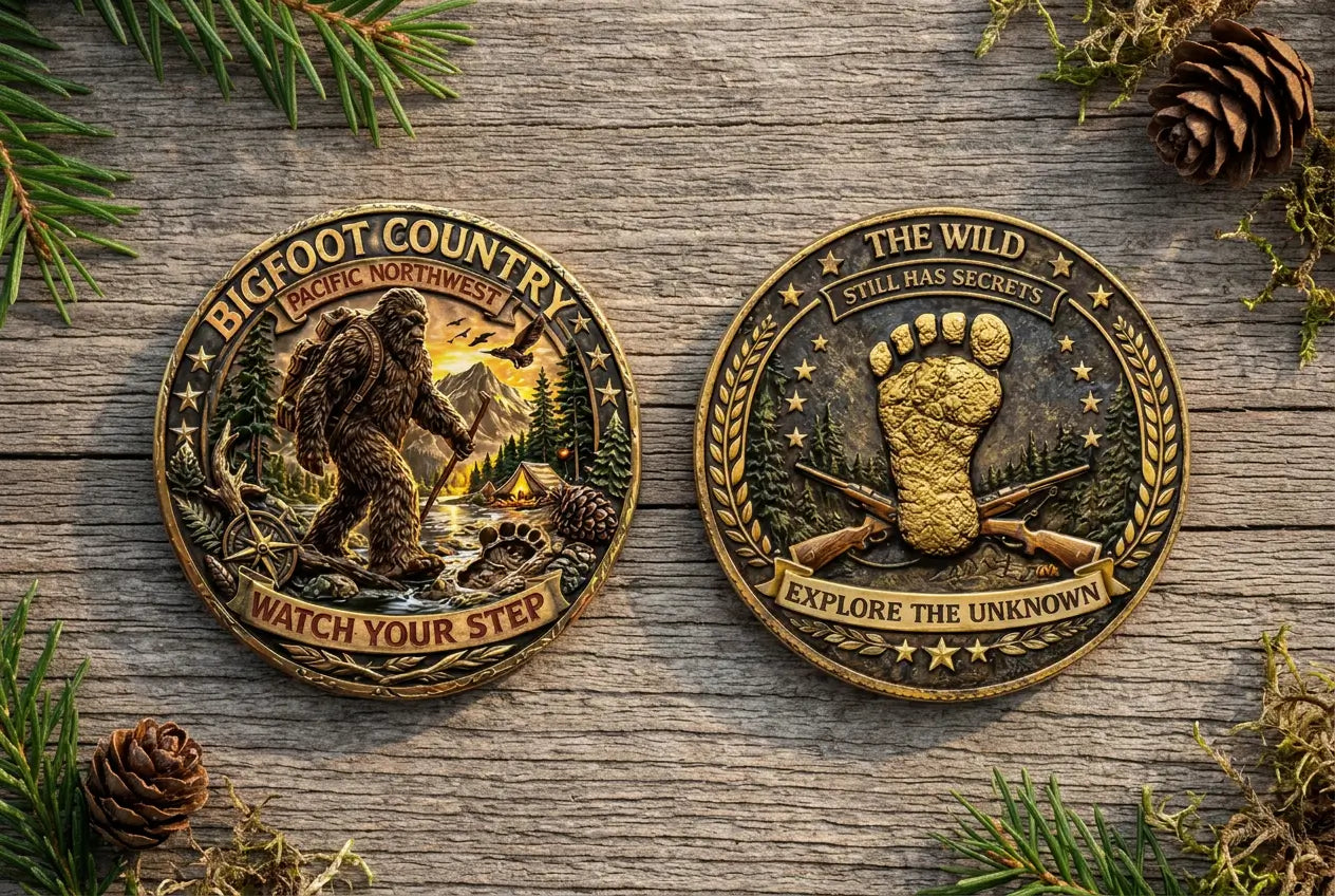 Both faces of the Bigfoot Country Coin on weathered wood, showing a hiking Sasquatch and a large footprint beside evergreen sprigs.