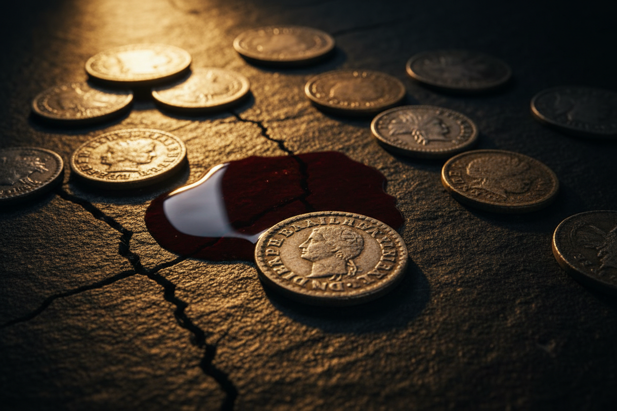 Blood money coins of assassins mercenaries and outlaws through history ancient silver gold coins dark crimson dramatic lighting betrayal violence dark side of money history