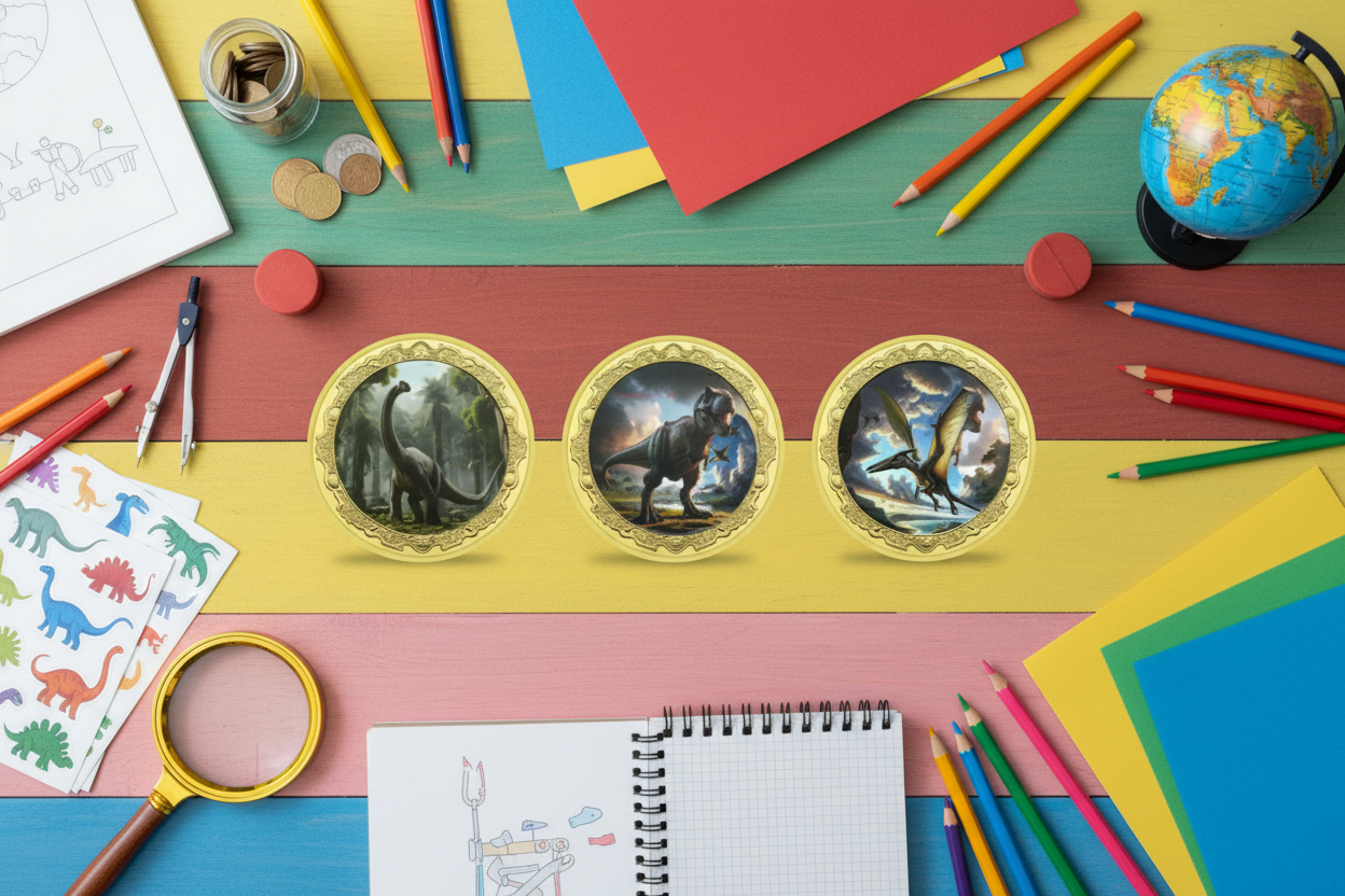 Dinosaur collectible coin tokens laid flat on a colourful desk with children's hobby supplies — coin collecting for kids available at One More Coin store