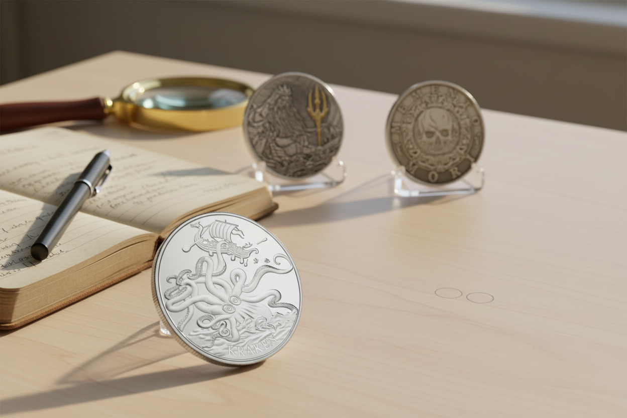 coin collecting hobby desk with collectible coins notebook and magnifying glass