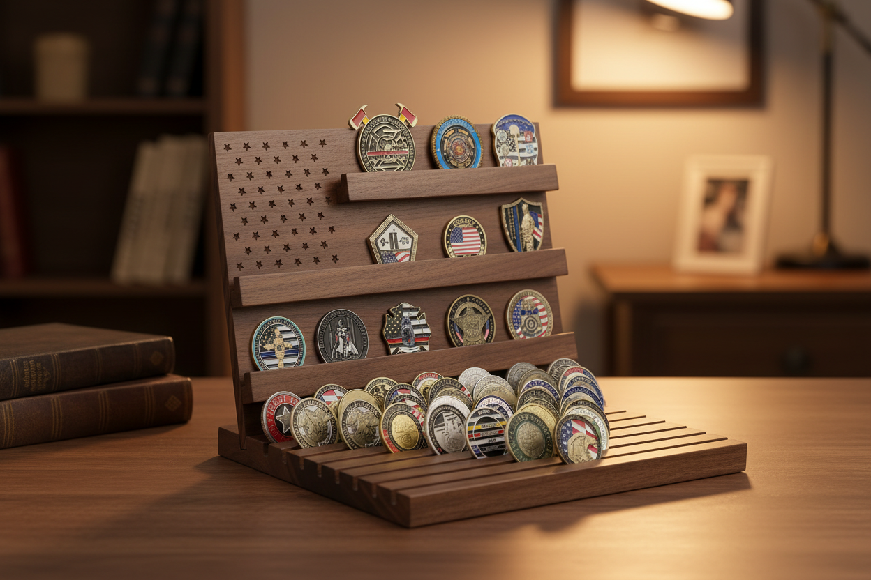 Wooden tiered coin display rack filled with collectible challenge coins — organised coin collection on a collector's desk available at One More Coin store