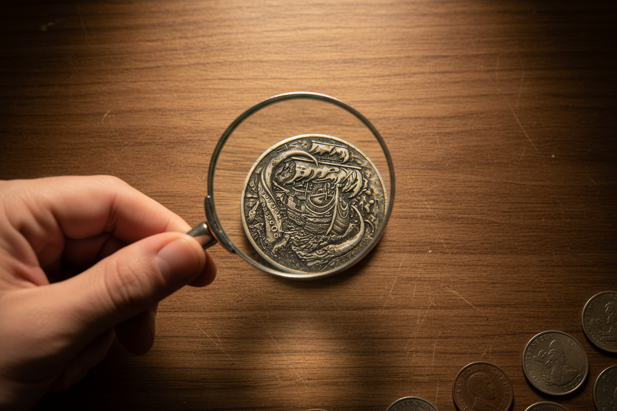 magnifying glass examining kraken collectible coin for What Makes Coin Collecting So Addictive blog