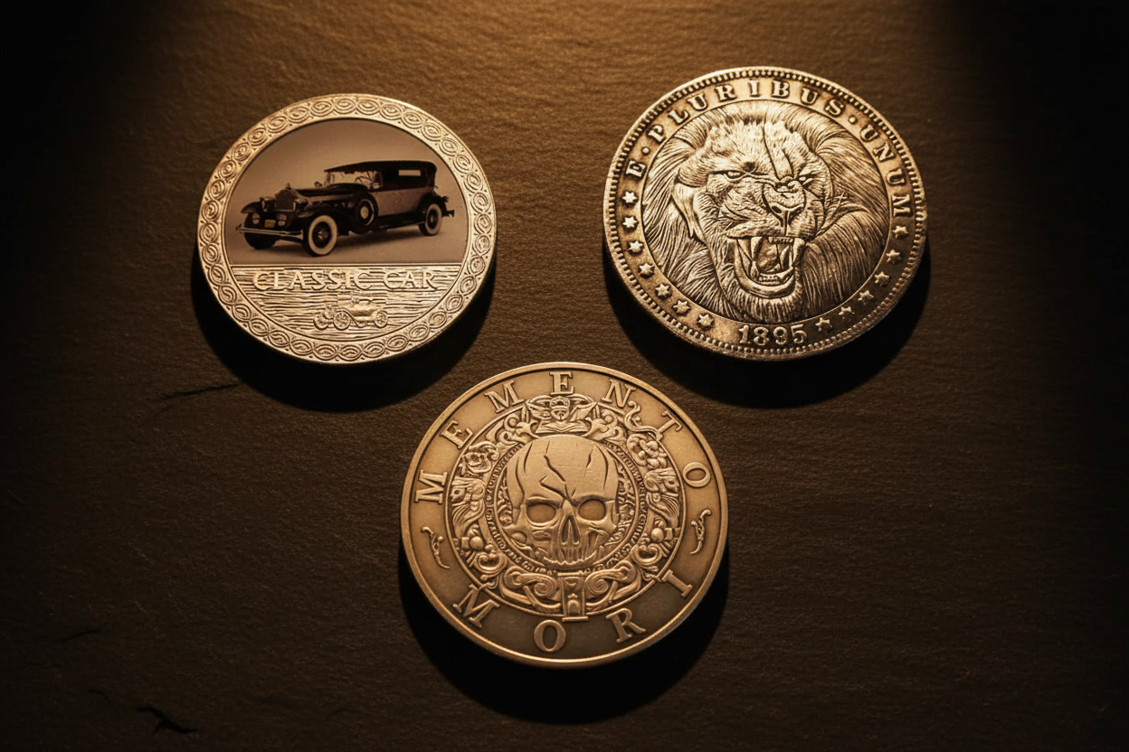 Collectible coin gifts for men including classic car coin roaring lion hobo nickel and memento mori skull coin available at One More Coin store
