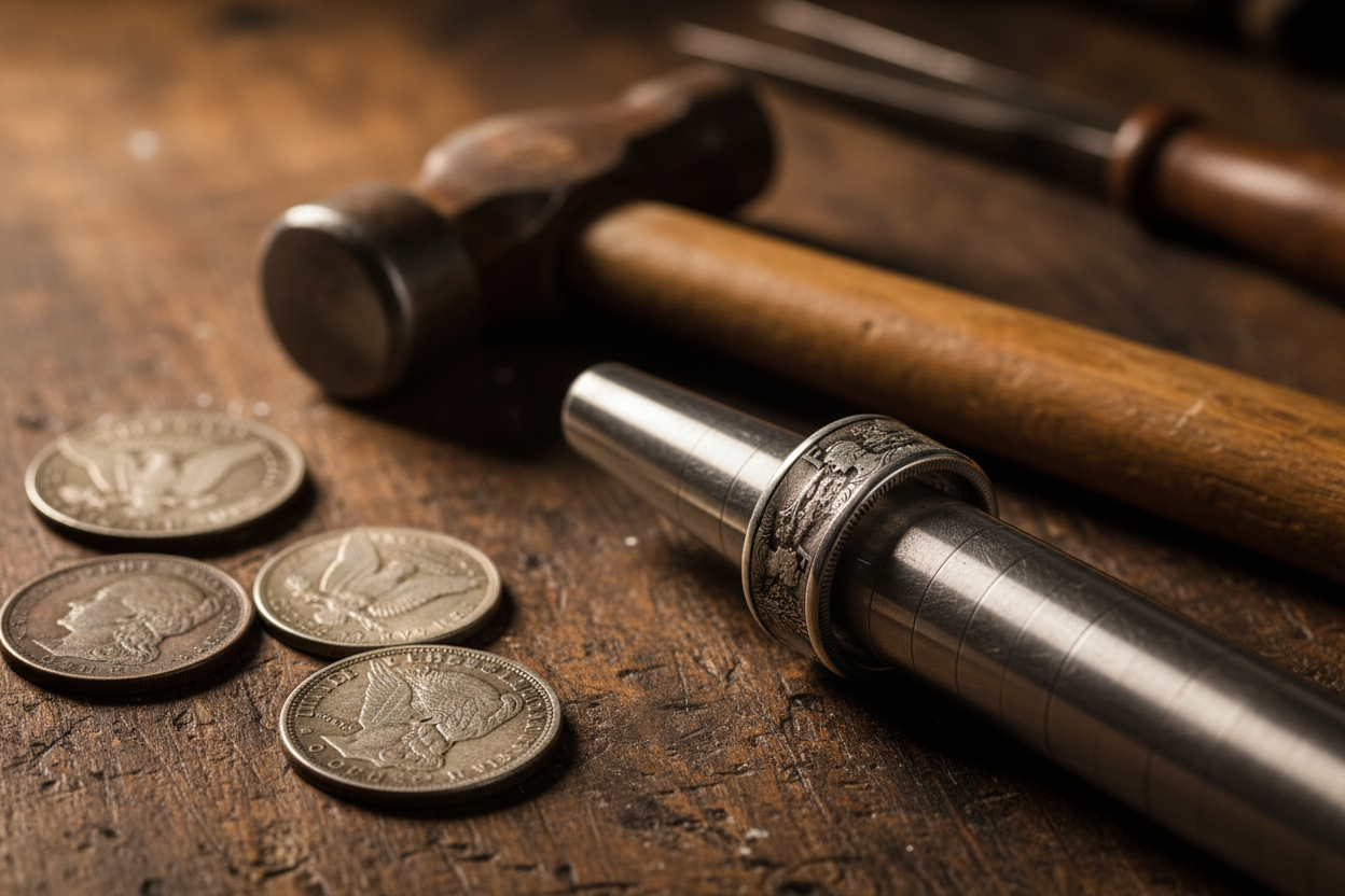 Coin ring made from a Morgan dollar on a ring mandrel with crafting tools and antique silver coins on a dark workbench