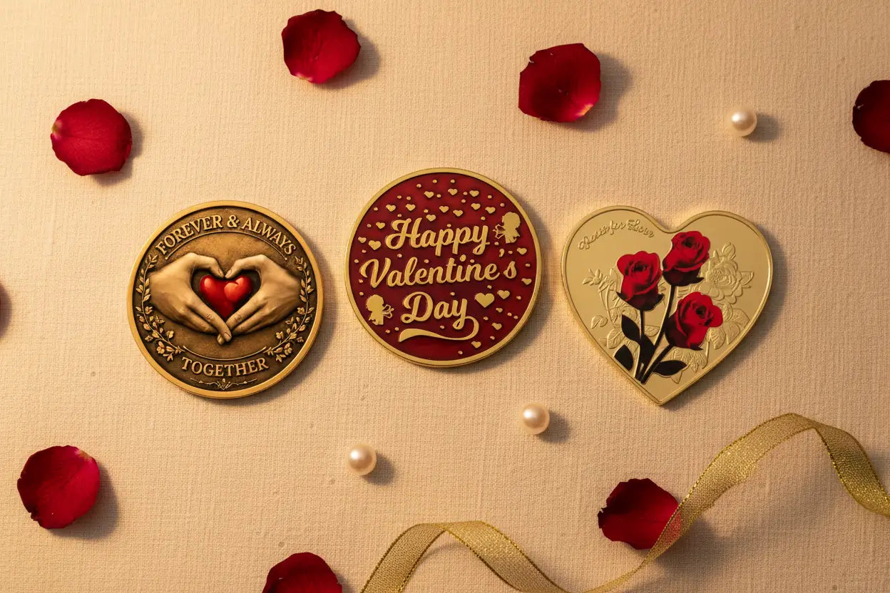 Three love collectible coins Forever Always Together Valentine's Day and Heart Rose on cream linen with rose petals romantic keepsake gift ideas