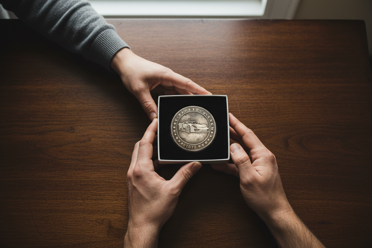 Collectible coin being gifted to man in presentation box