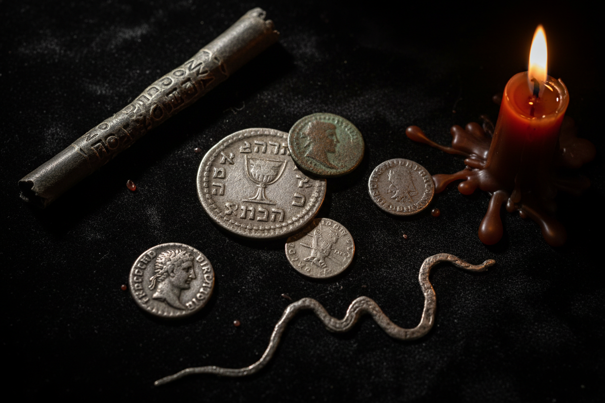 Cursed coins history ancient silver shekel Roman denarius lead curse tablet defixio candlelight dark ritual most cursed coins in history