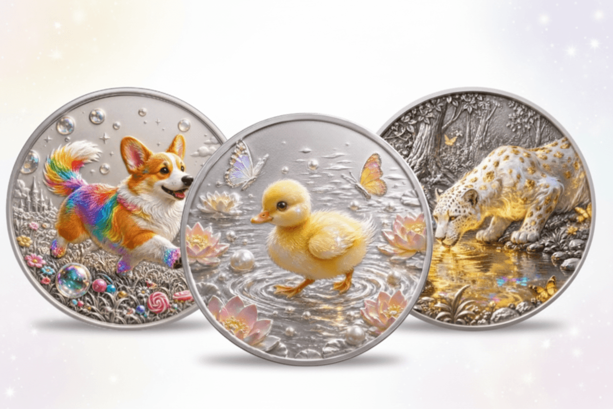 Cute animal collectible coins featuring corgi dog, duckling and leopard designs — iridescent wildlife collector coins.