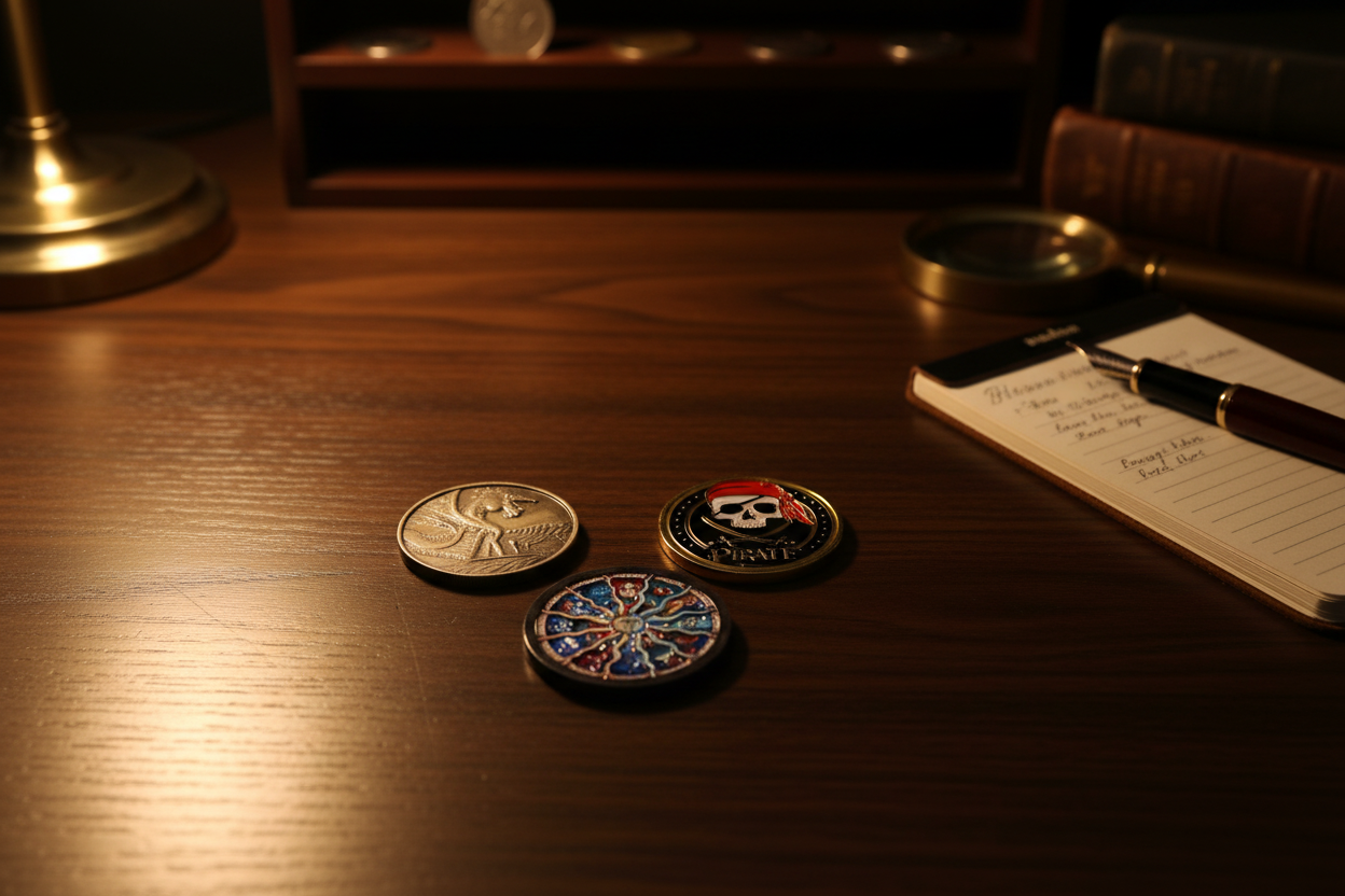 Dragon pirate and compass rose collectible coins on wooden desk beginners guide to coin collecting available at One More Coin store
