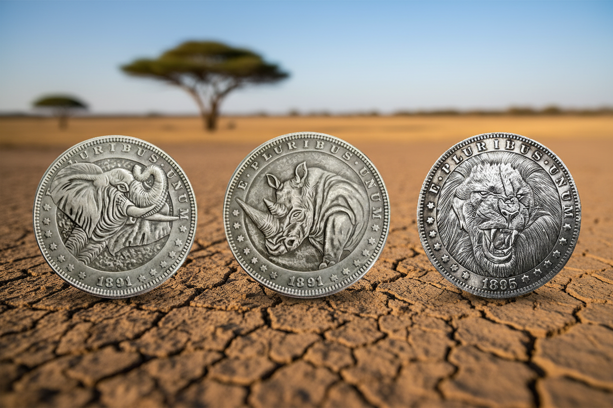 Elephant Rhino and Lion hobo nickel collectible coins on African savannah wildlife coin collection gift for collectors available at One More Coin store