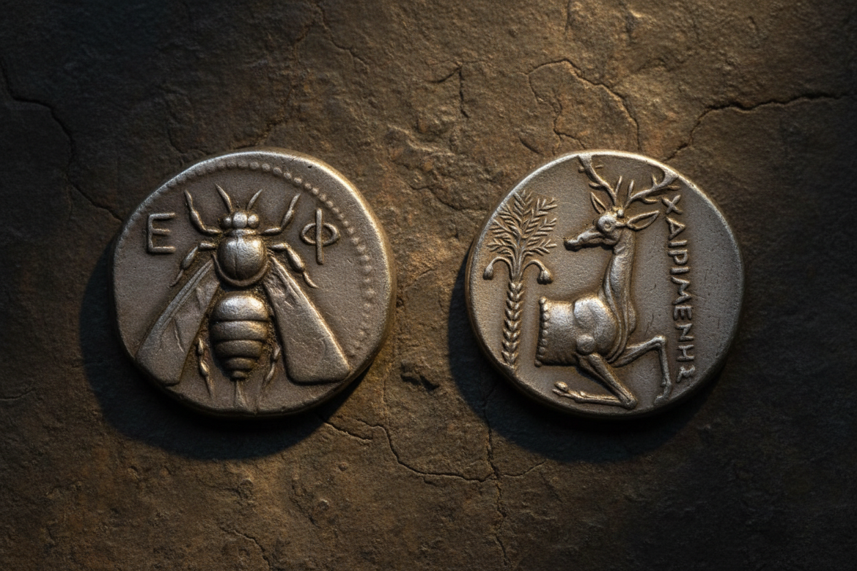 Ancient Greek Ephesus stag bee collectible coin both sides antique silver bee and stag design