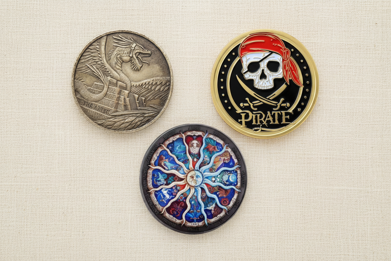 Ancient dragon mythology coin, pirate skull gothic coin, and zodiac wheel astrology coin collectible tokens displayed for beginner coin collecting guide available at One More Coin store