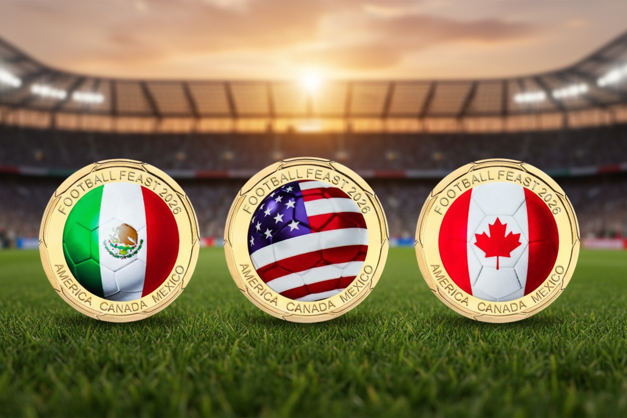 Football Feast 2026 collectible coins showing Mexico USA and Canada host nation flags — World Cup 2026 gift coins available at One More Coin store