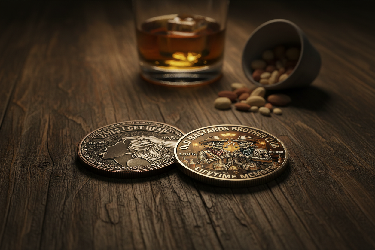 Funny novelty commemorative collectible coin tokens displayed on a dark pub bar surface with whisky glass — humorous gift ideas for men