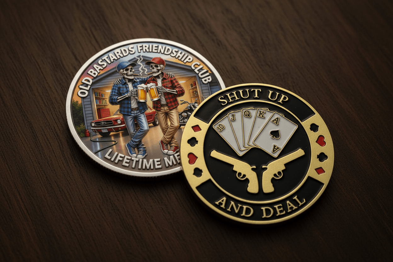 Old Bastards Friendship Club and Shut Up and Deal novelty coins funny gift ideas for someone with a great sense of humour available at One More Coin store