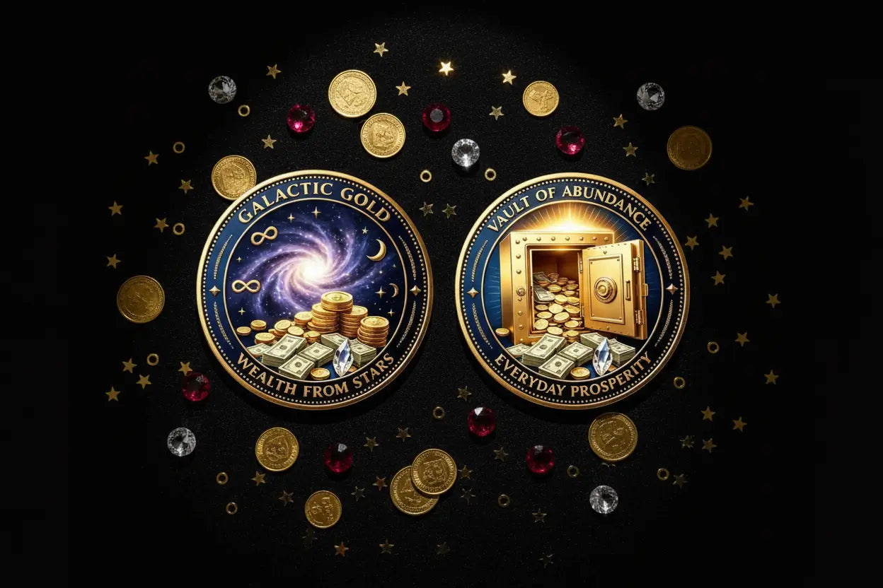 Galactic Gold and Vault of Abundance wealth collectible coins on black velvet with gold star confetti