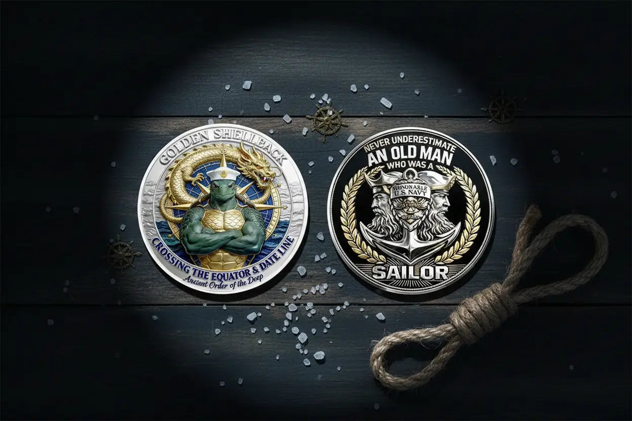 Golden Shellback and Never Underestimate a Sailor US Navy collectible coins on dark nautical surface with rope — military coin gift