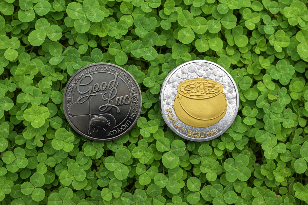 Good Luck coin and Pot of Gold lucky collectible coins resting on a bed of four-leaf clovers fortune and wealth symbols gift for collectors available at One More Coin store