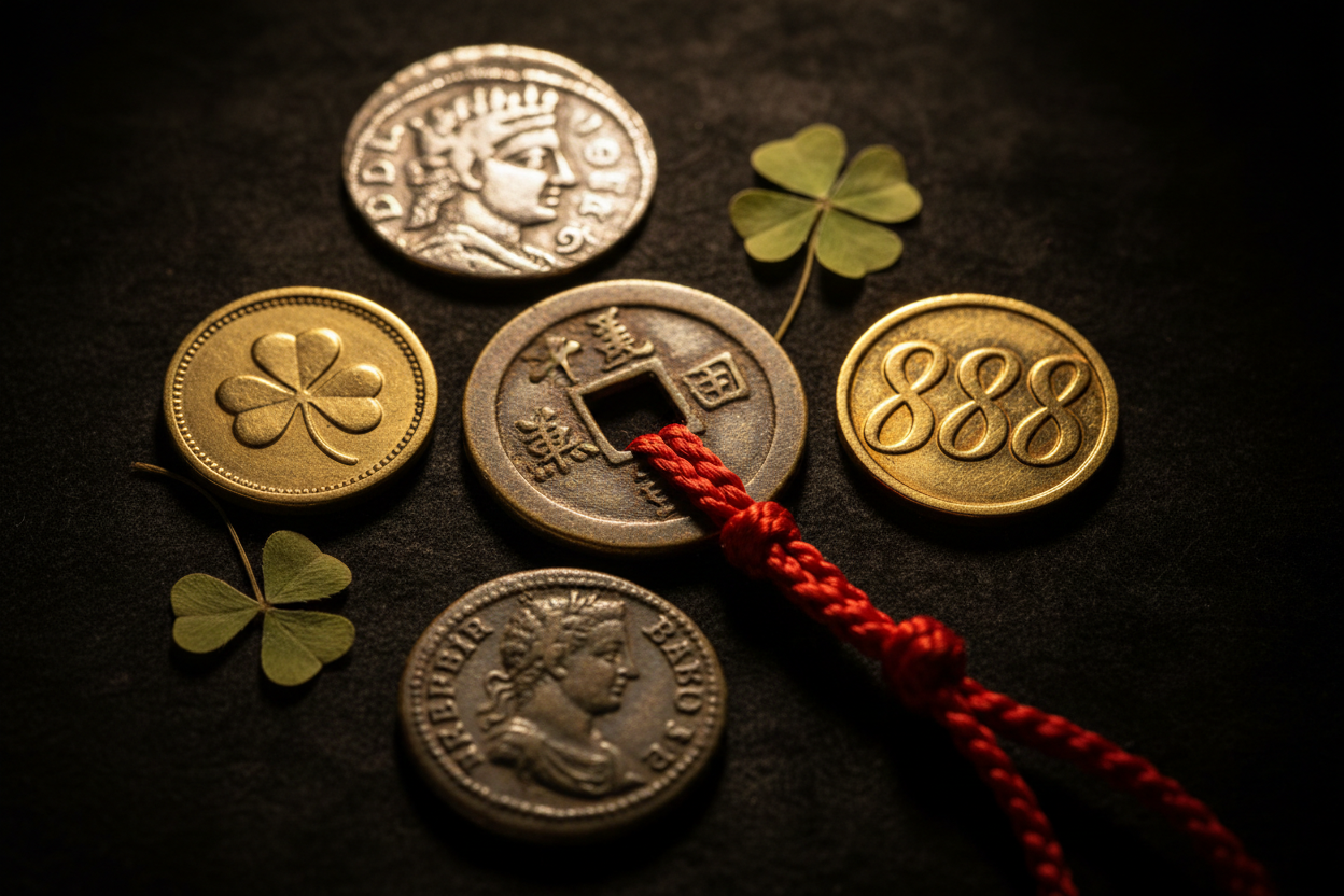 Good luck coin gifts ancient tradition lucky coins from different cultures Chinese cash coin four leaf clover 888 angel number Roman coin medieval bent coin good luck charms 2000 years
