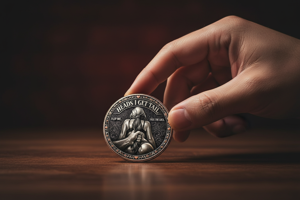 Heads I Get Tail antique bronze novelty flip coin on dark wood — cheeky gift for him available at One More Coin store