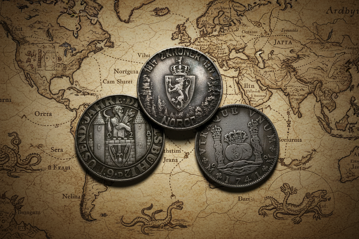 Three historical world collectible coins on aged old world map — Norwegian kroner, Dinkelsbühl commemorative and Spanish pillar dollar available at One More Coin store