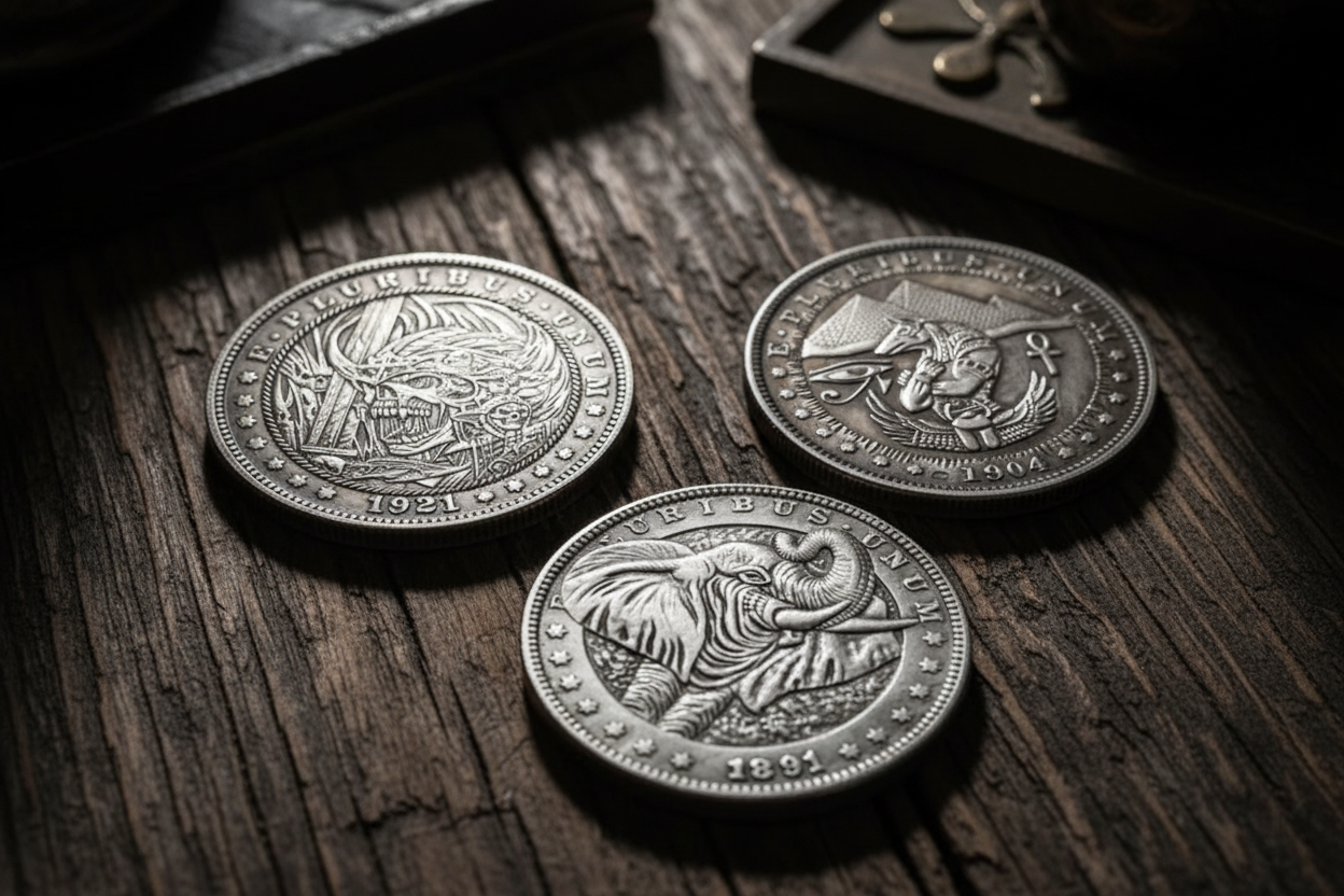 Hobo nickel collectible coins dragon skeleton elephant and Egyptian deity carved Morgan Dollar folk art