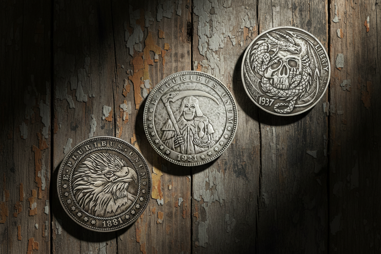 Hobo nickel coins featuring Grim Reaper, Fierce Eagle, and Skull Dragon hand-carved designs on weathered wood