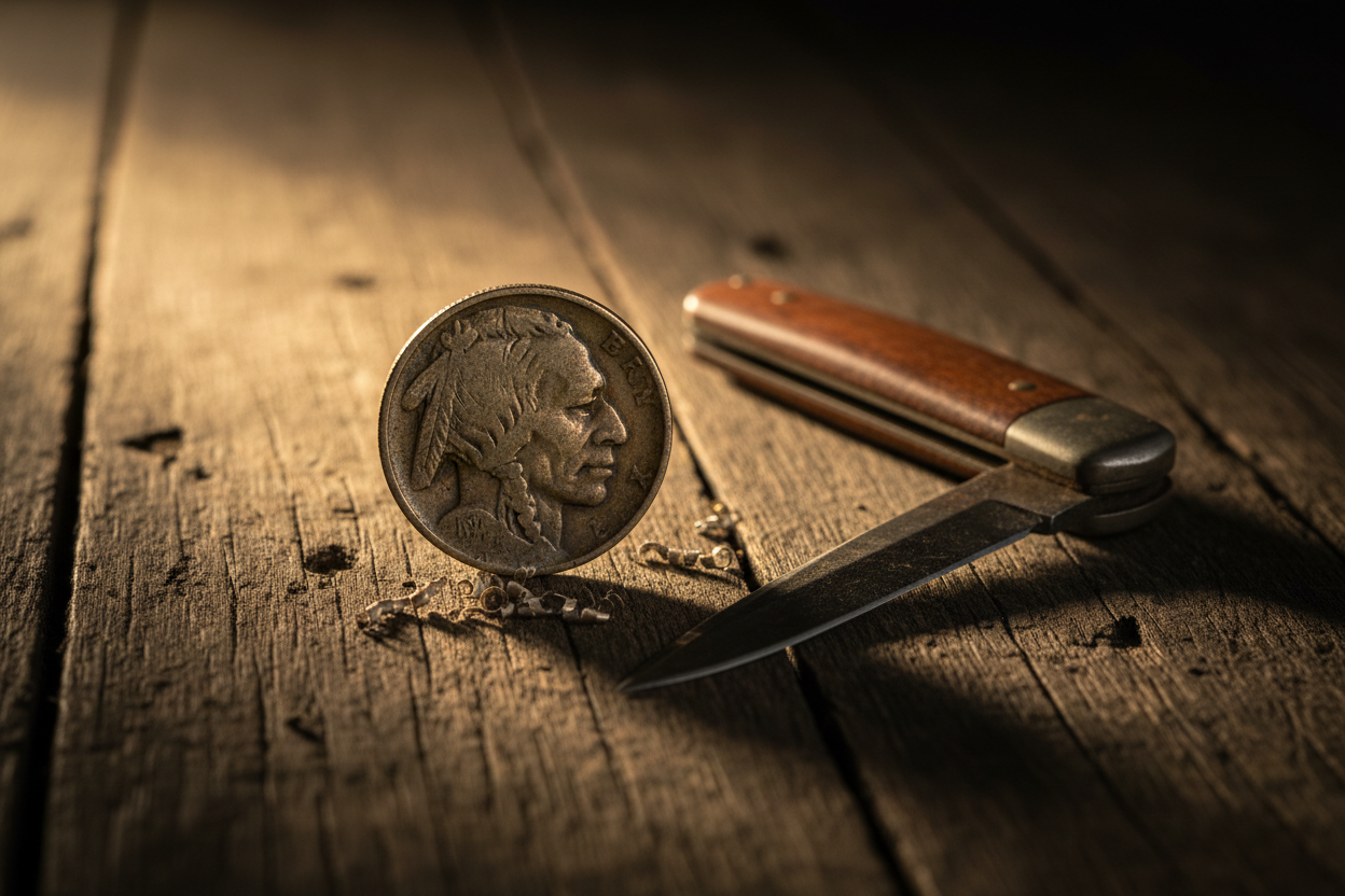 Hobo nickel Buffalo nickel standing on edge pocket knife open beside it metal shavings Depression era coin carving folk art American freight rail drifters forgotten art form