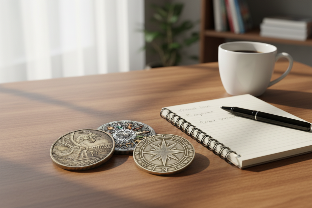 Ancient dragon mythology coin, zodiac constellation coin, and compass rose navigation collectible coins on wooden desk for beginner coin collecting guide available at One More Coin store